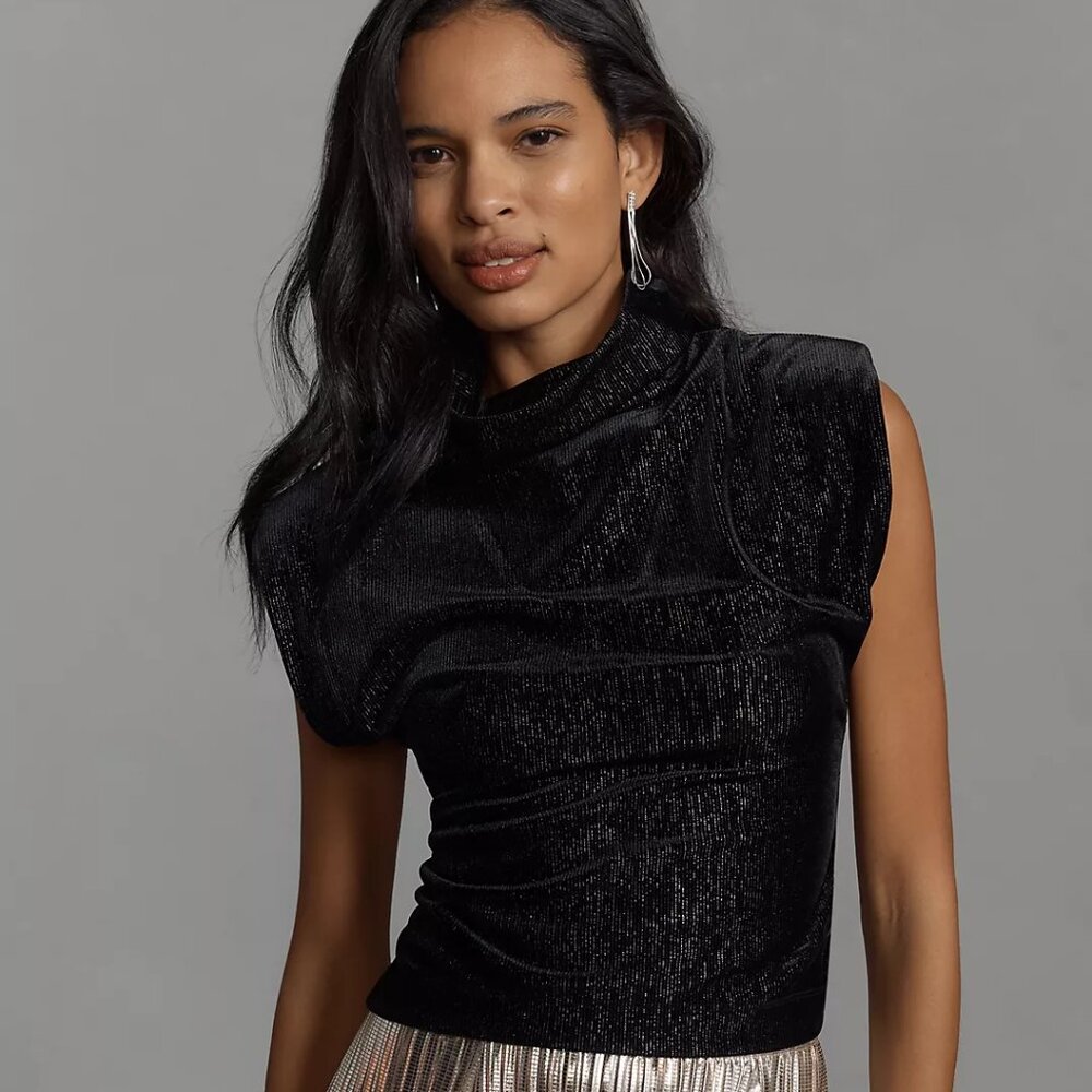 Anthropologie Maeve Black Metallic Strong Shoulder Top NWT Glam Going Out XL
